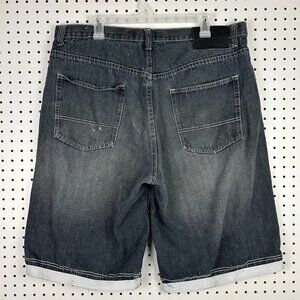 Koman‎ Black Goth Baggy Jean Shorts Sz 38 Jorts Wide Leg Skate Y2K Grunge Punk